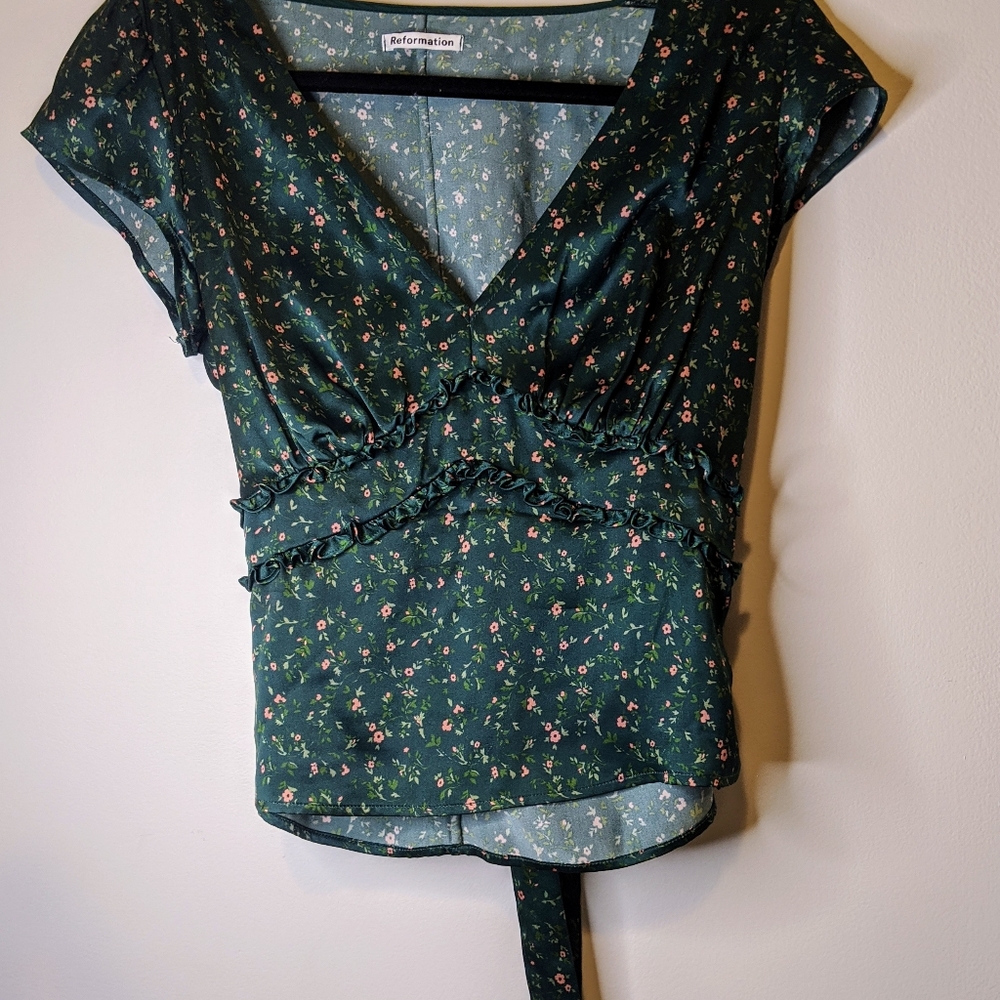Reformation Emerald Floral V-Neck Blouse - Picture 2 of 13